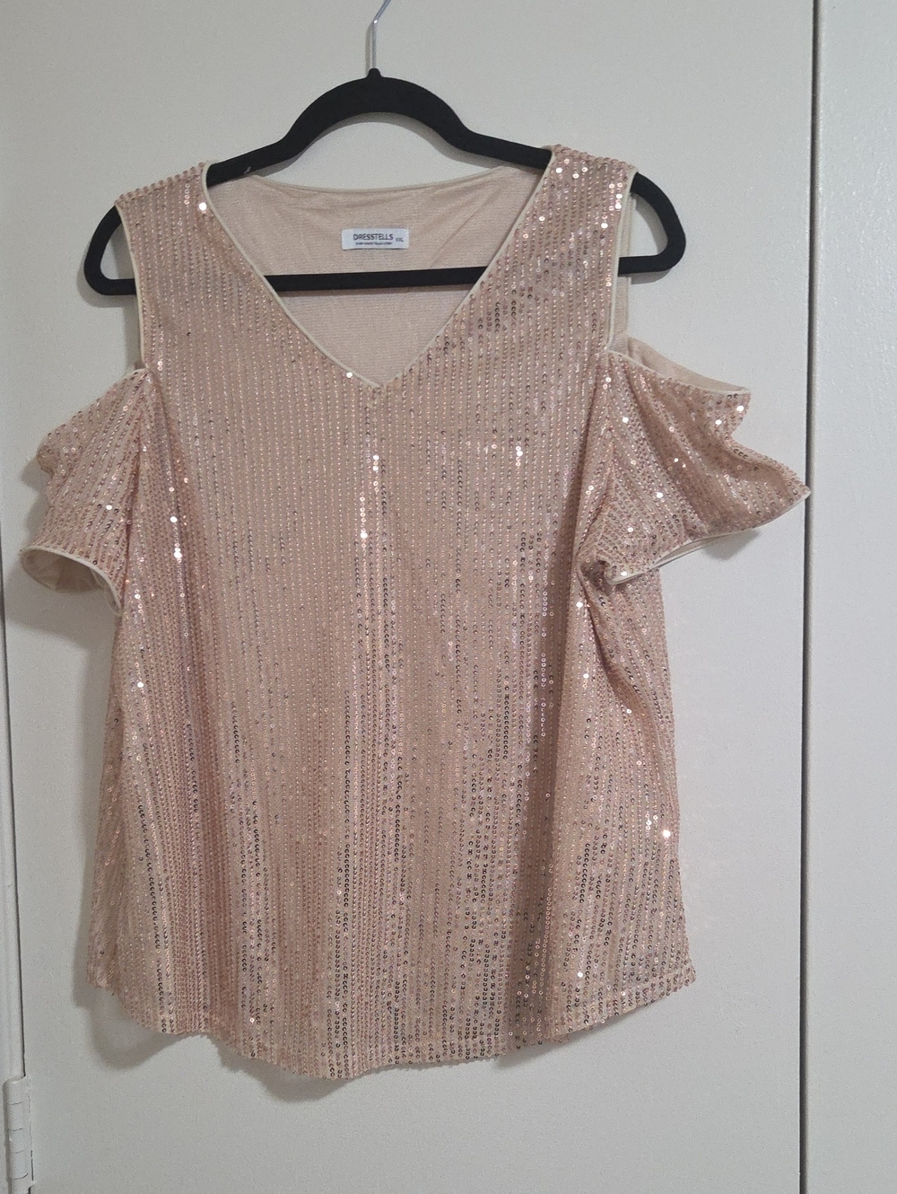 Cold-Shoulder Sequin V-Neck Top in Blush by DRESSTELLS